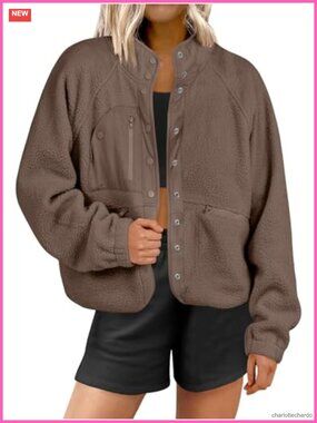 Women's Fuzzy Fleece Cropped Sherpa Jacket Button Down Warm Coat